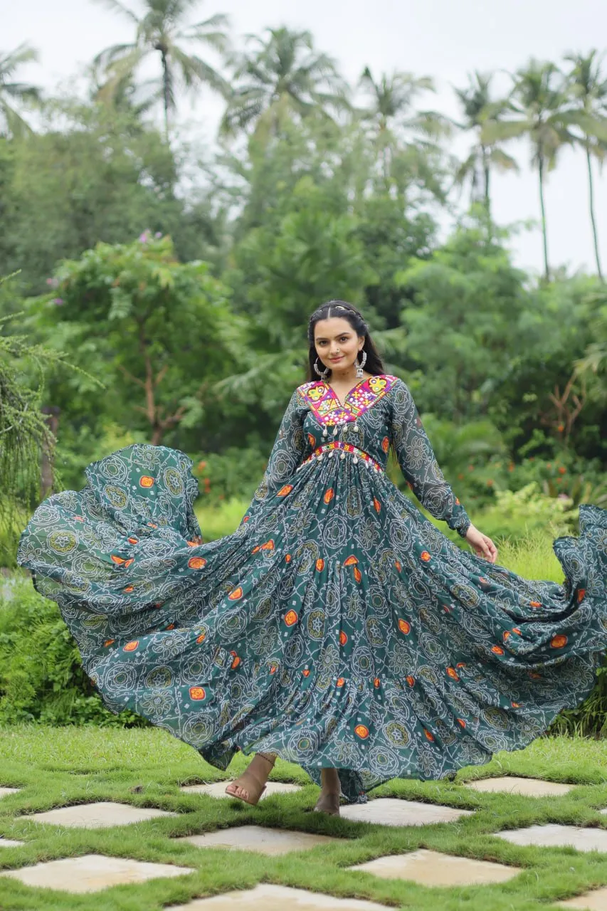 Green Elegant Bandhani Print Gown with Kutchi Patchwork in Faux Georgette