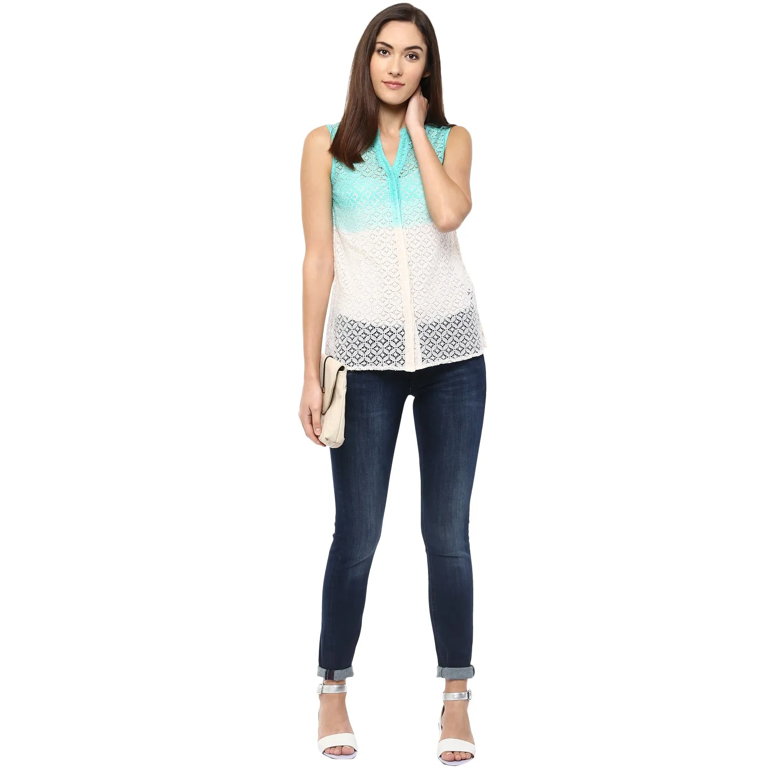 Green Woven Self Design Top With Mandarin Neck