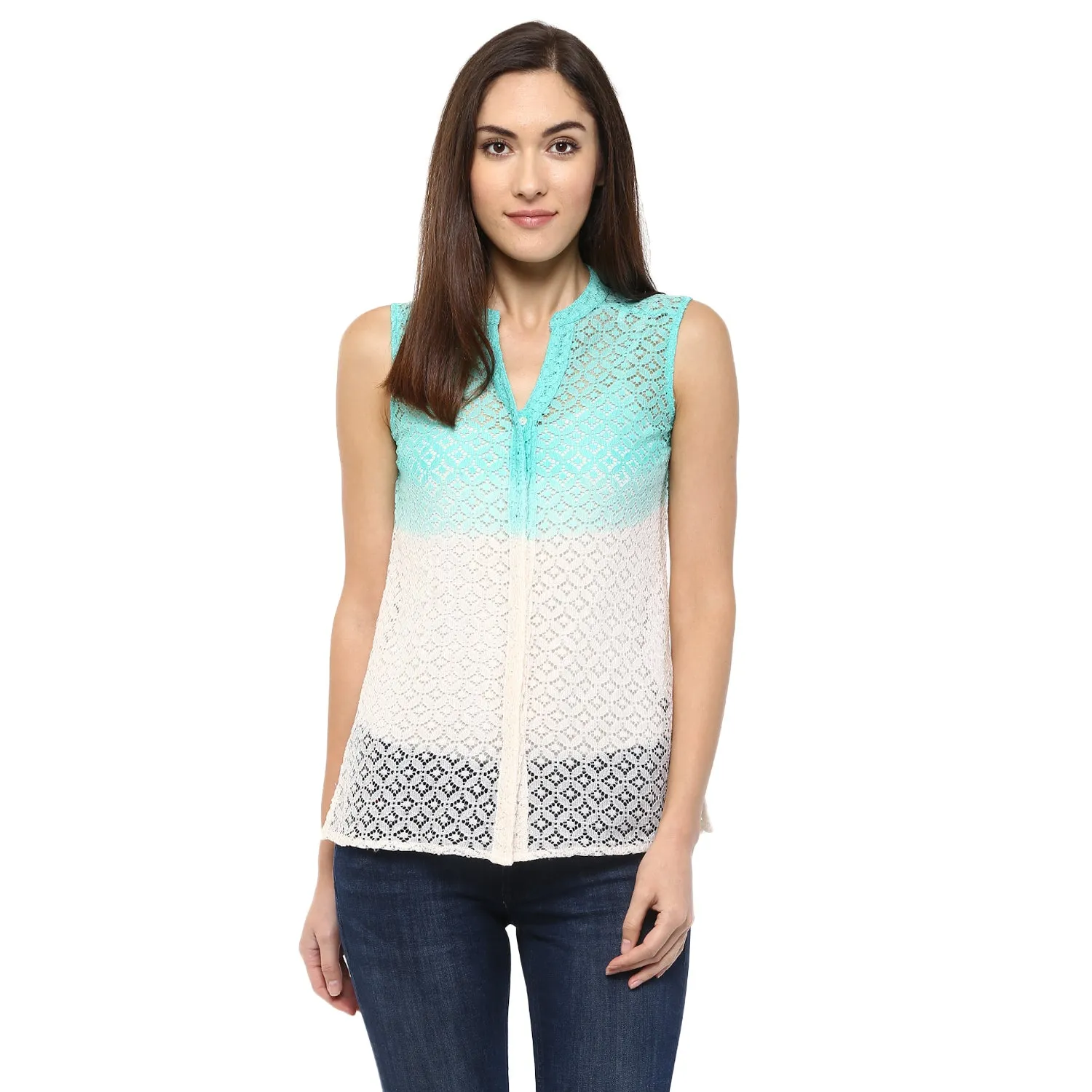 Green Woven Self Design Top With Mandarin Neck