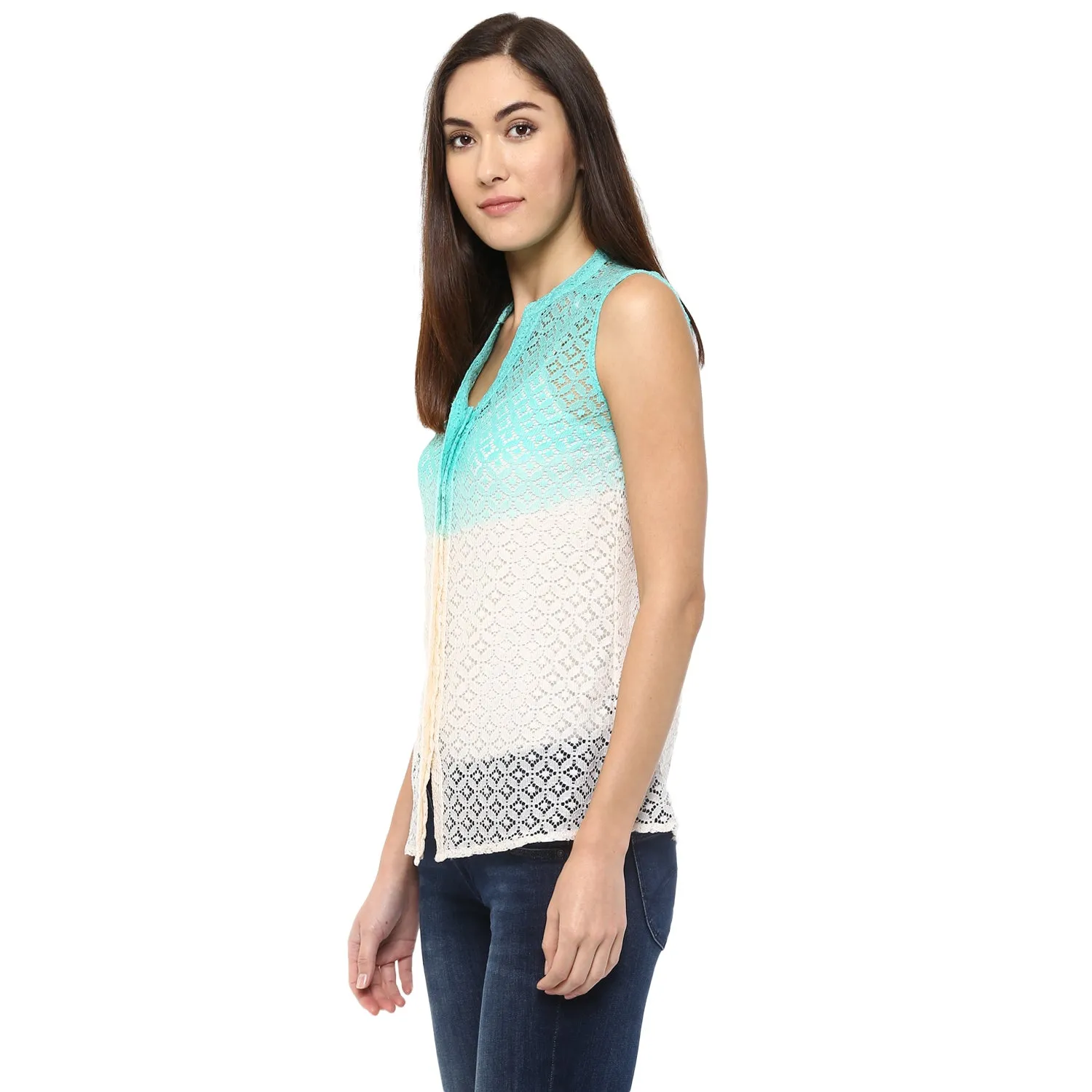 Green Woven Self Design Top With Mandarin Neck