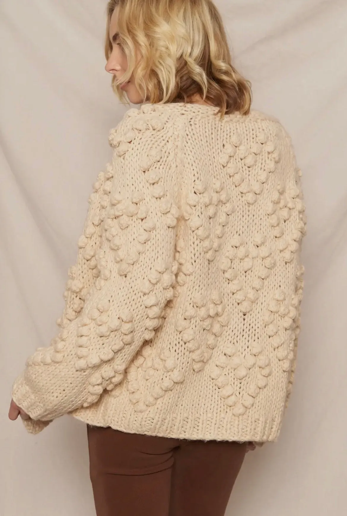 Hand Knit Pom Pom Heart Cardigan