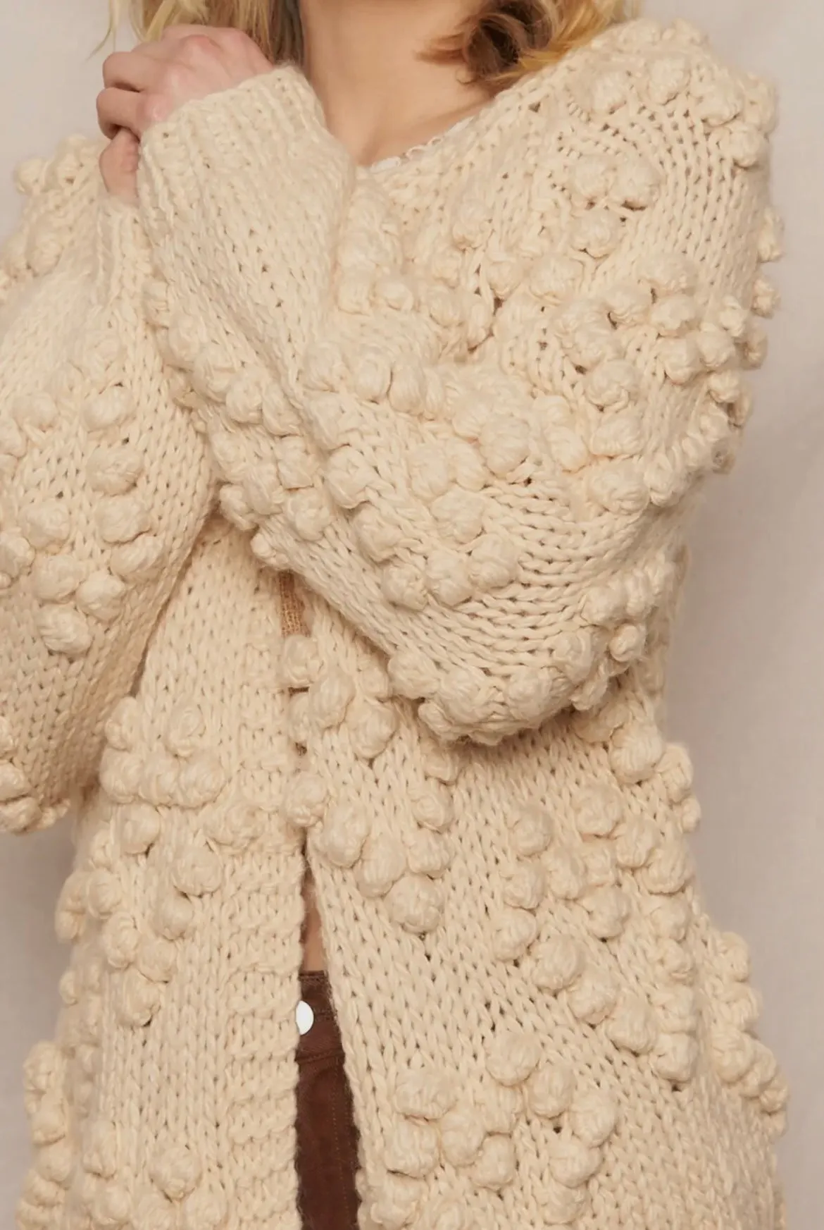 Hand Knit Pom Pom Heart Cardigan