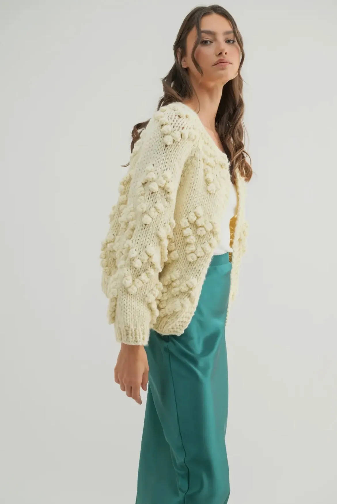 Hand Knit Pom Pom Heart Cardigan