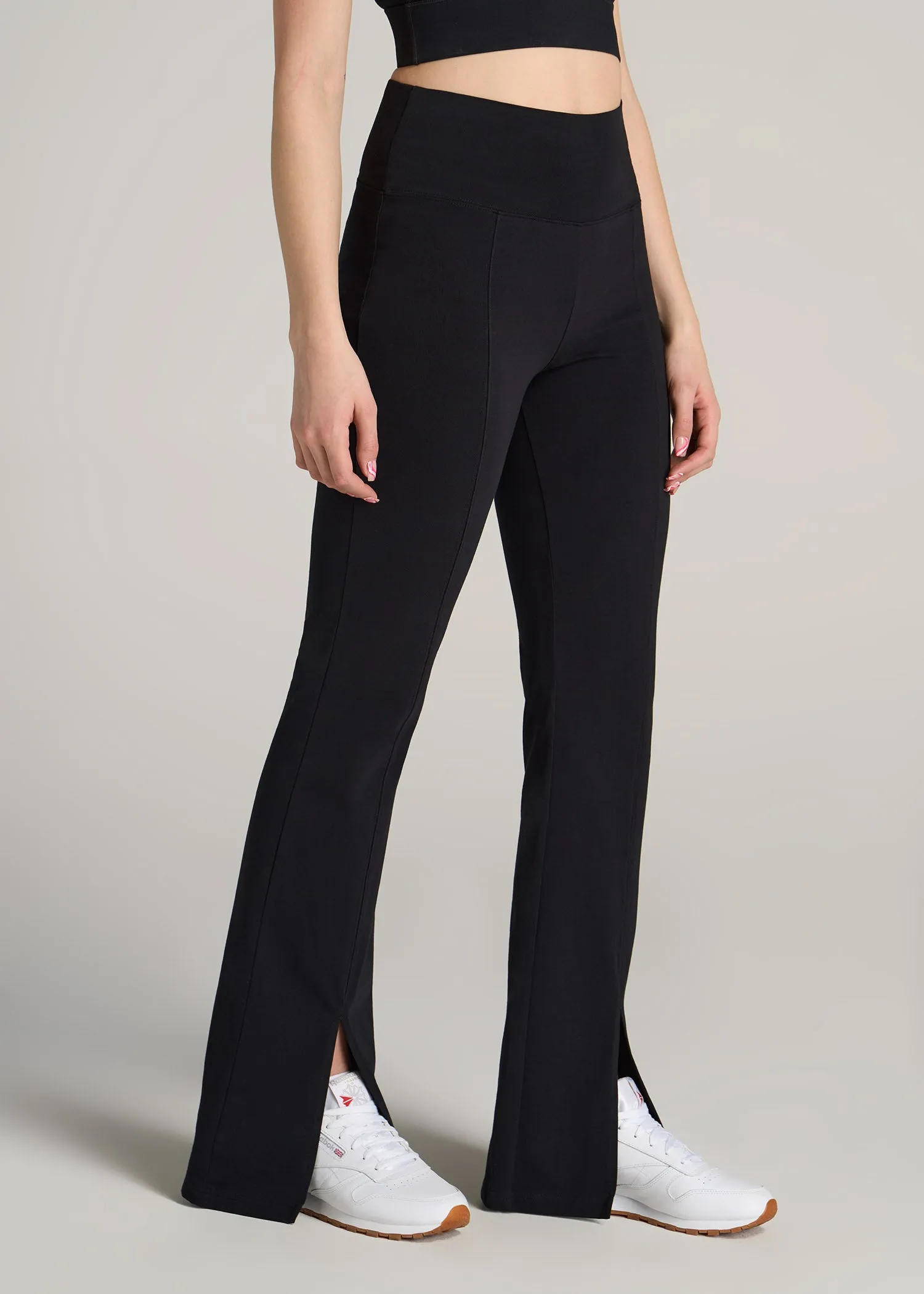 High Rise Split Flare Cotton Leggings for Tall Women in Black
