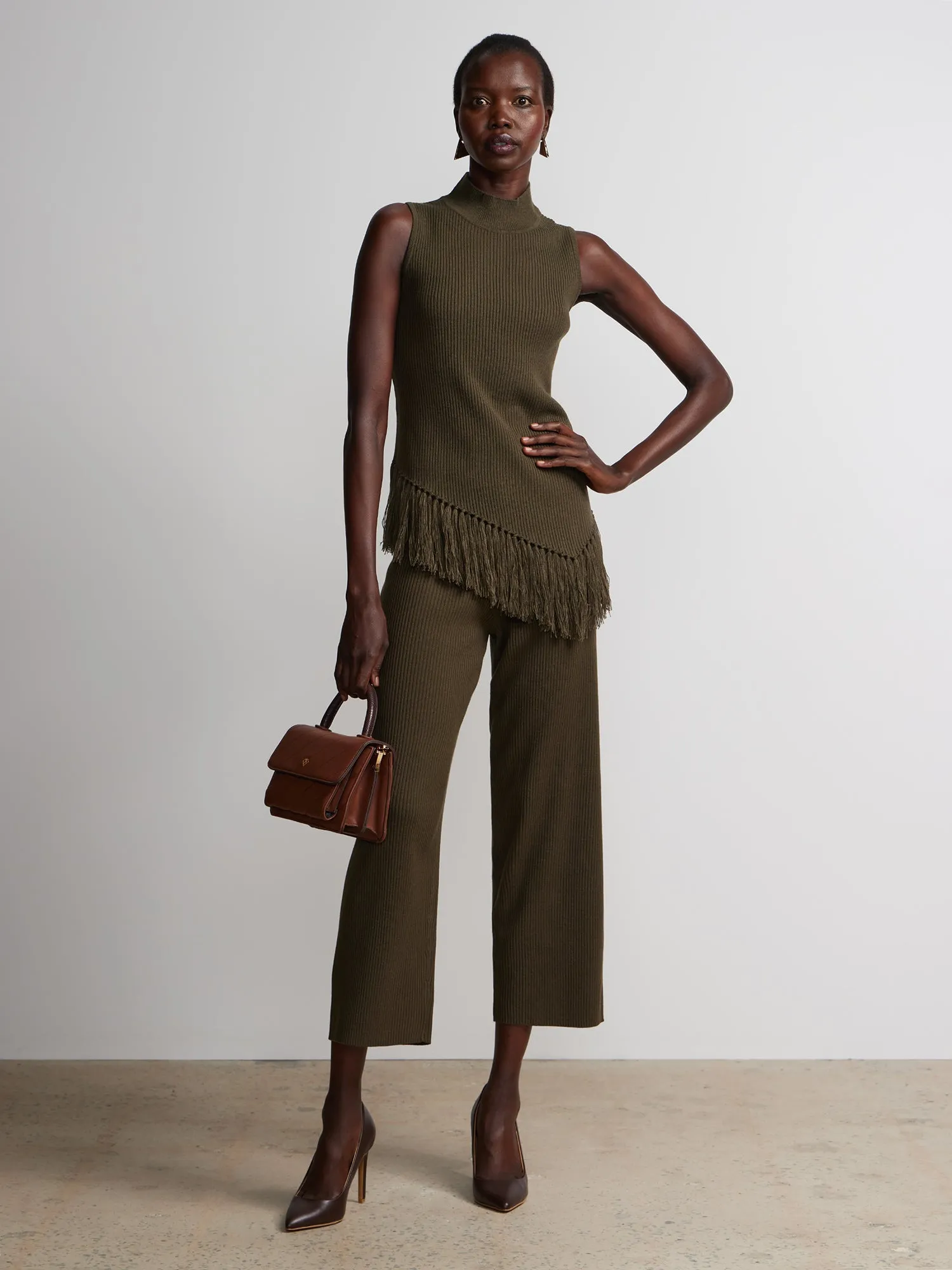 High Rise Sweater Knit Cropped Pants