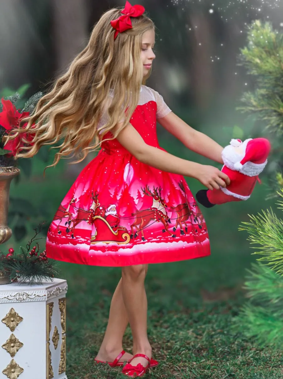 Ho-ho-ho Sheer Sleeve Holiday Scene Dress