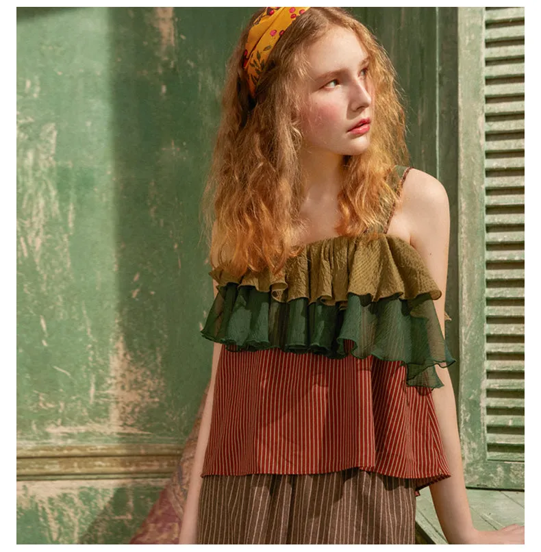 JAM PRINCESS DOUBLE FRILL LAYER TANK TOP IN MULTI COLOR STRIPE