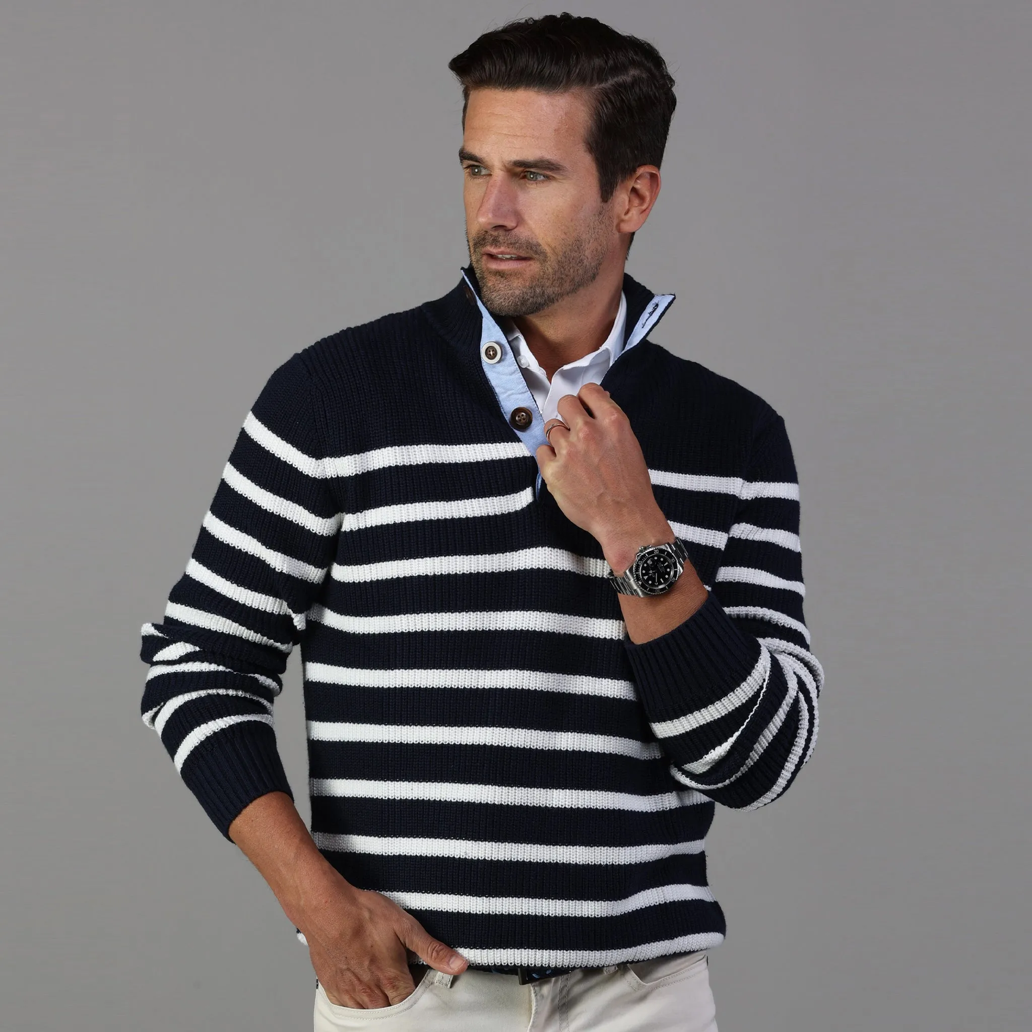 Kennebunkport Cotton Sweater in Navy/White Stripe