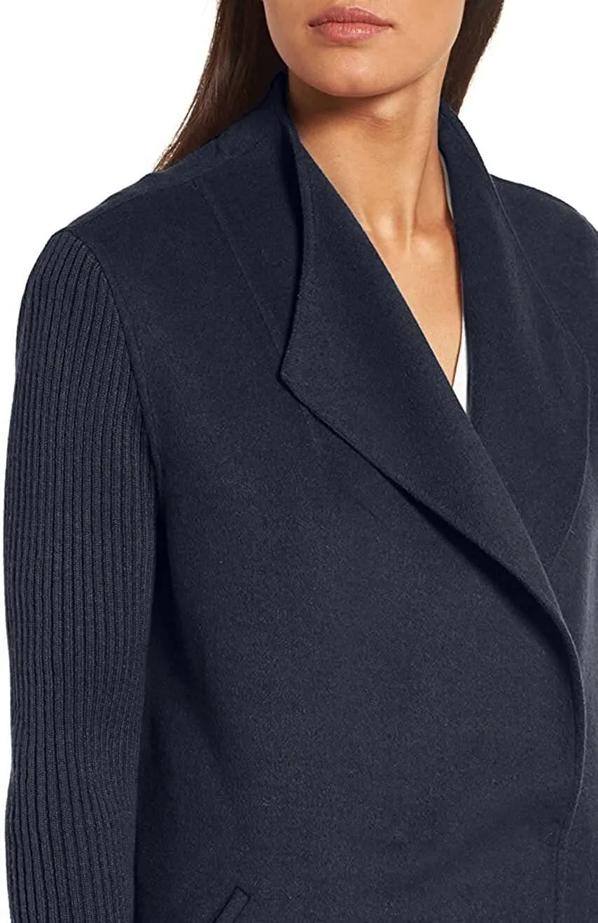 Kenneth Cole New York Women's Jacket Double Face Wool Blend Coat with Knit Sleeve