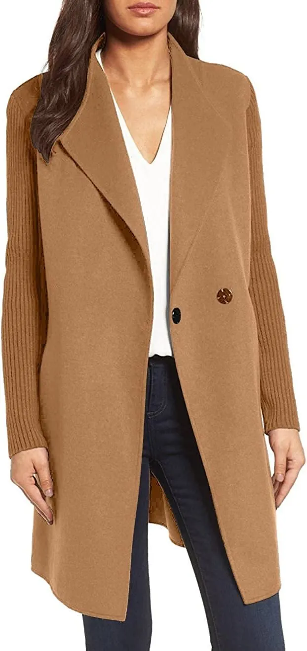 Kenneth Cole New York Women's Jacket Double Face Wool Blend Coat with Knit Sleeve
