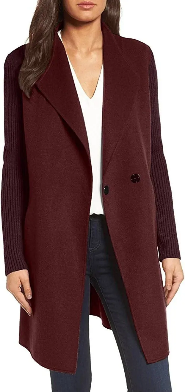 Kenneth Cole New York Women's Jacket Double Face Wool Blend Coat with Knit Sleeve