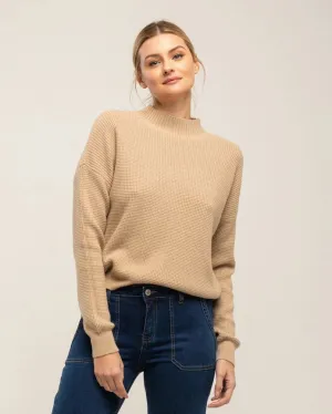 Knit sweater with Perkins neck texture CAMEL