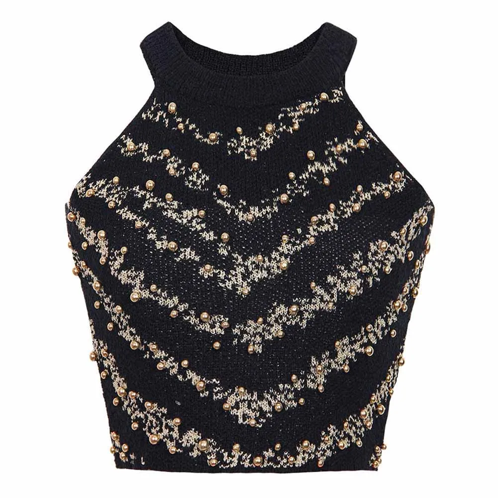 Knitted Halter Cropped Tops for Women Knit Tank Tops With Nail beads
