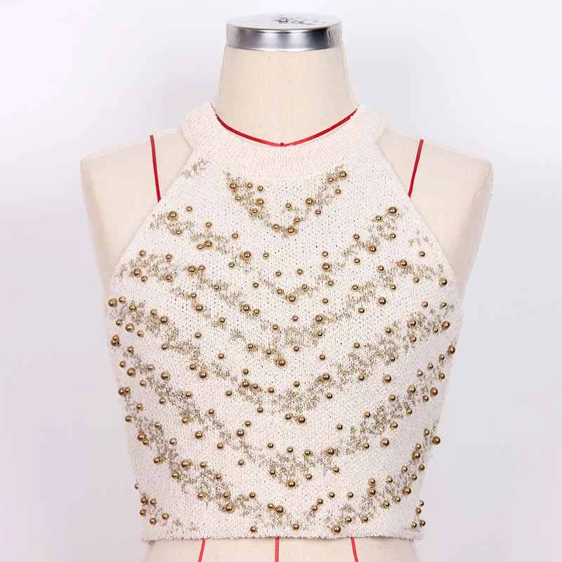 Knitted Halter Cropped Tops for Women Knit Tank Tops With Nail beads