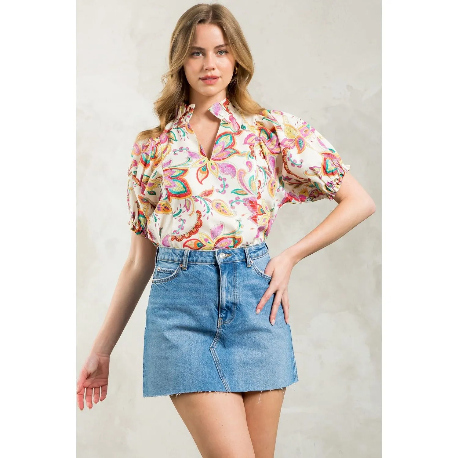 Lily V-Neck Flower Print THML Top