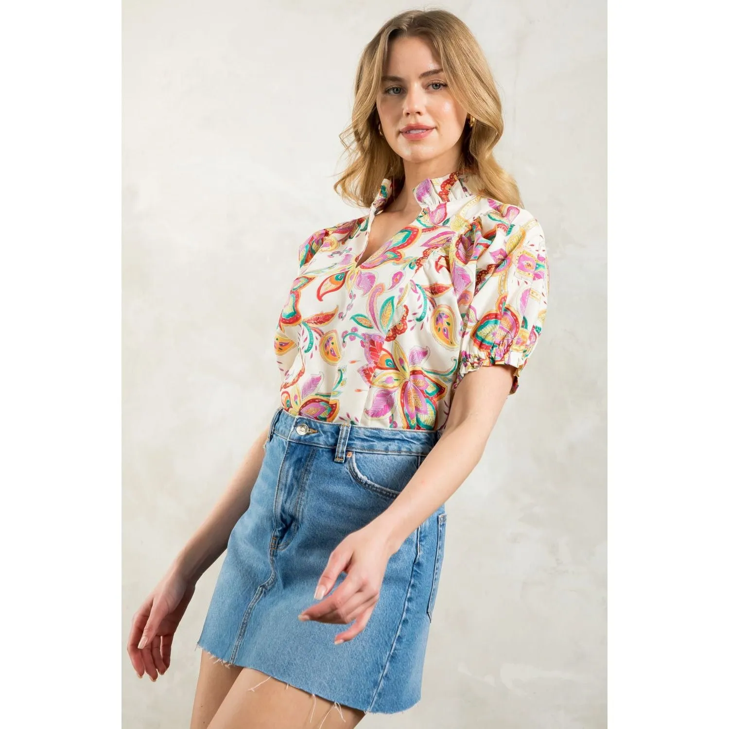 Lily V-Neck Flower Print THML Top