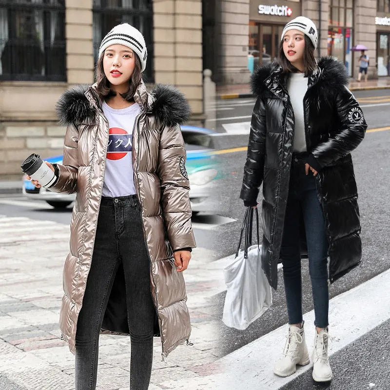 Long Parkas Female Glossy Warm Jacket
