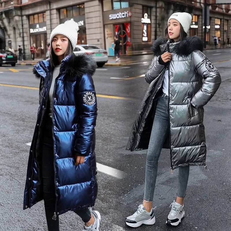 Long Parkas Female Glossy Warm Jacket