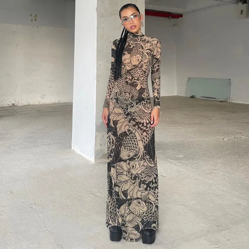 Long Sleeve Mesh Streetwear Bodycon Long Dress