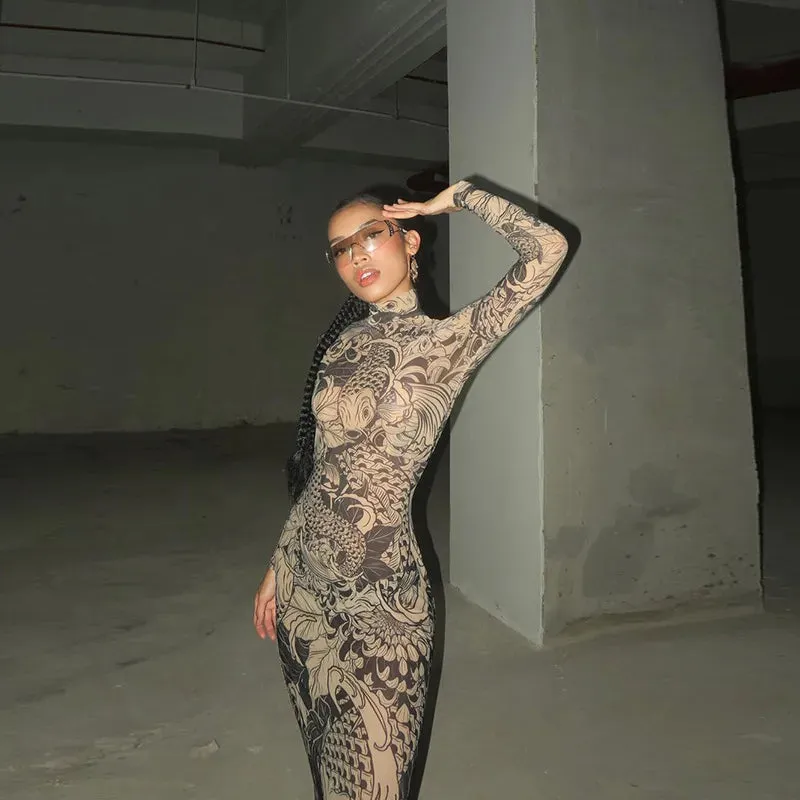 Long Sleeve Mesh Streetwear Bodycon Long Dress