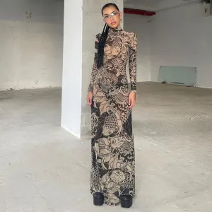 Long Sleeve Mesh Streetwear Bodycon Long Dress