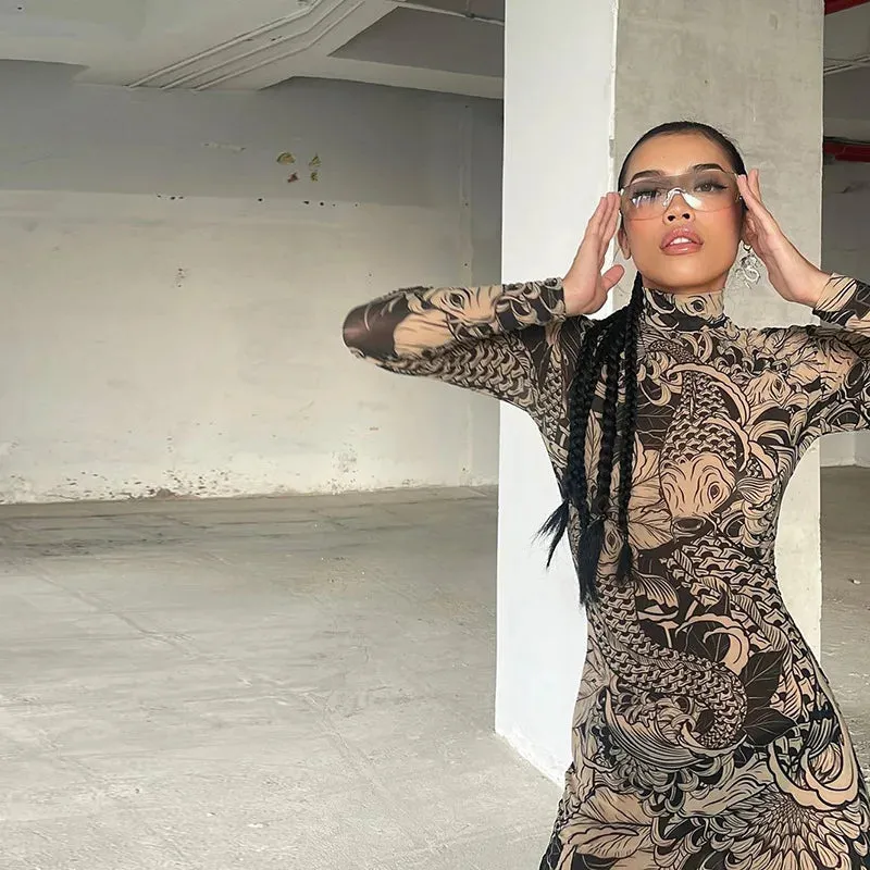 Long Sleeve Mesh Streetwear Bodycon Long Dress