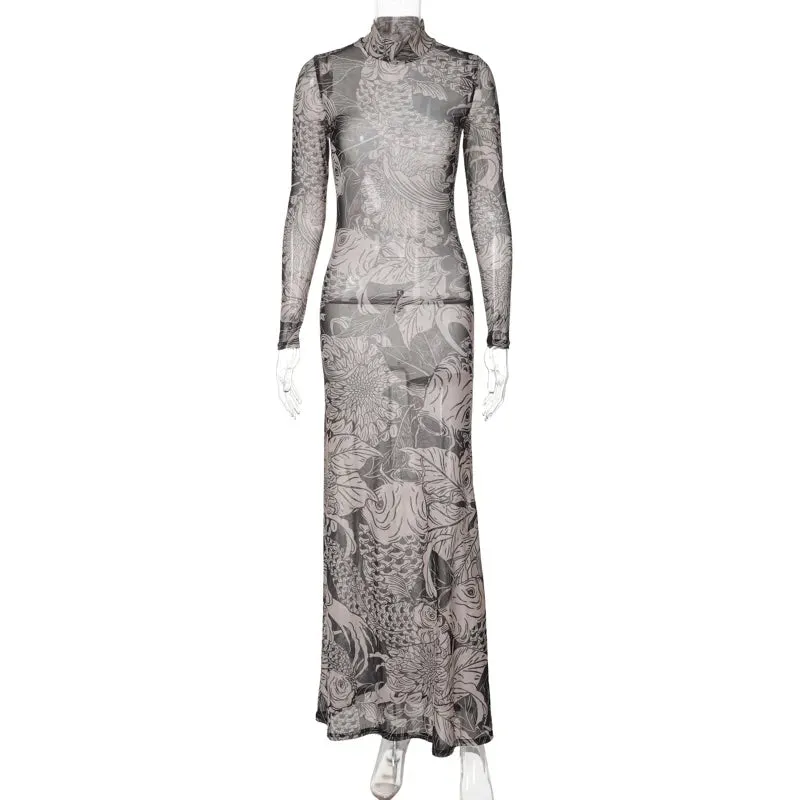 Long Sleeve Mesh Streetwear Bodycon Long Dress