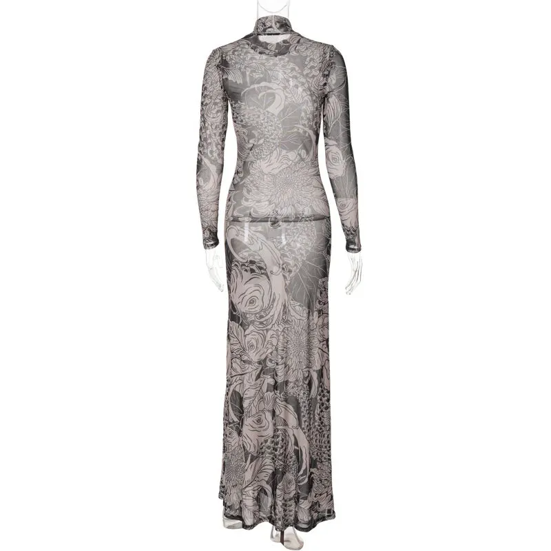 Long Sleeve Mesh Streetwear Bodycon Long Dress