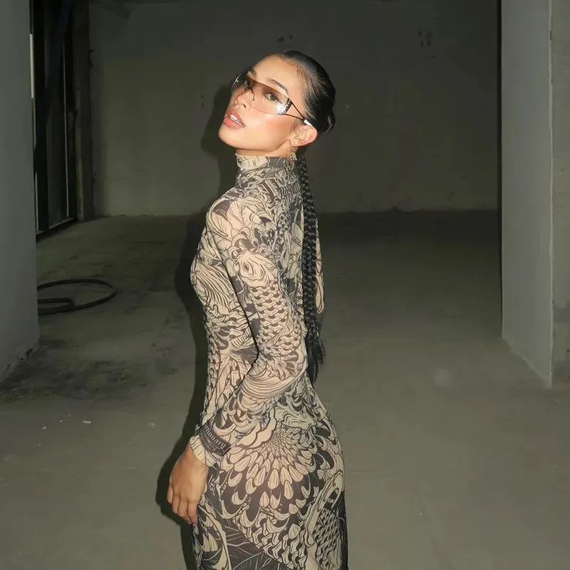 Long Sleeve Mesh Streetwear Bodycon Long Dress