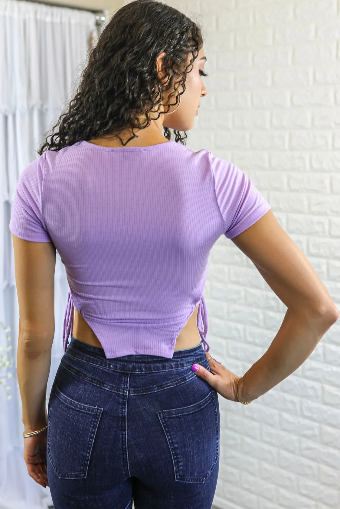 Love Me Rib Side Cut Outs Ties Front Embroidered Crop Top