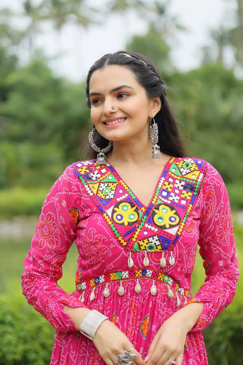 Magenta Elegant Bandhani Print Gown with Kutchi Patchwork in Faux Georgette