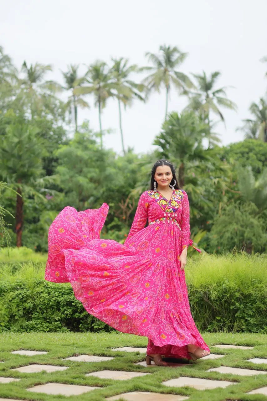 Magenta Elegant Bandhani Print Gown with Kutchi Patchwork in Faux Georgette