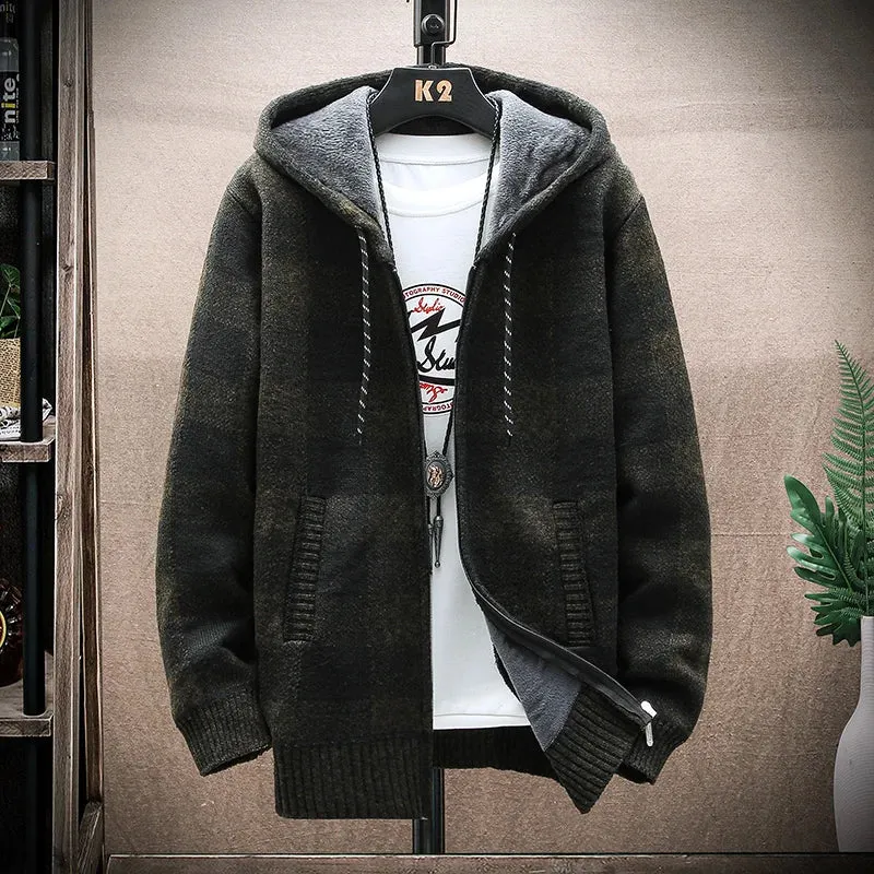Men's New Winter Plaid Sweater Hooded Cardigan Cold Coat Wool Zipper Jacket Autumn Fleece Warm Clothes Checkered Knit Jumper
