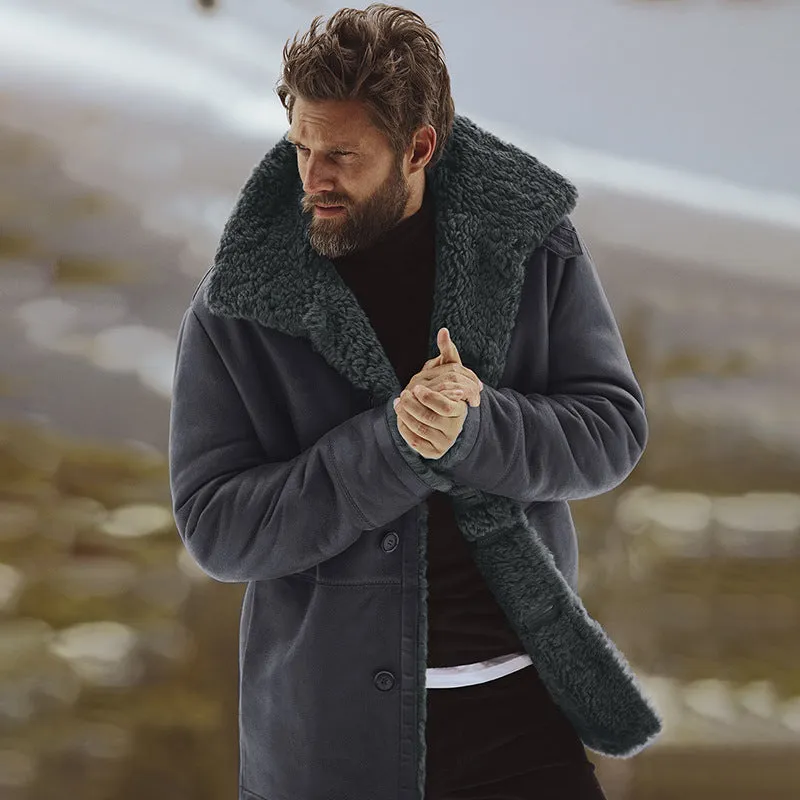 Men's Warm Fleece Button-Down Winter Coat with Faux-Fur Sherpa Collar