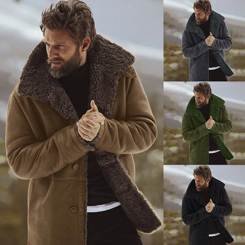 Men's Warm Fleece Button-Down Winter Coat with Faux-Fur Sherpa Collar