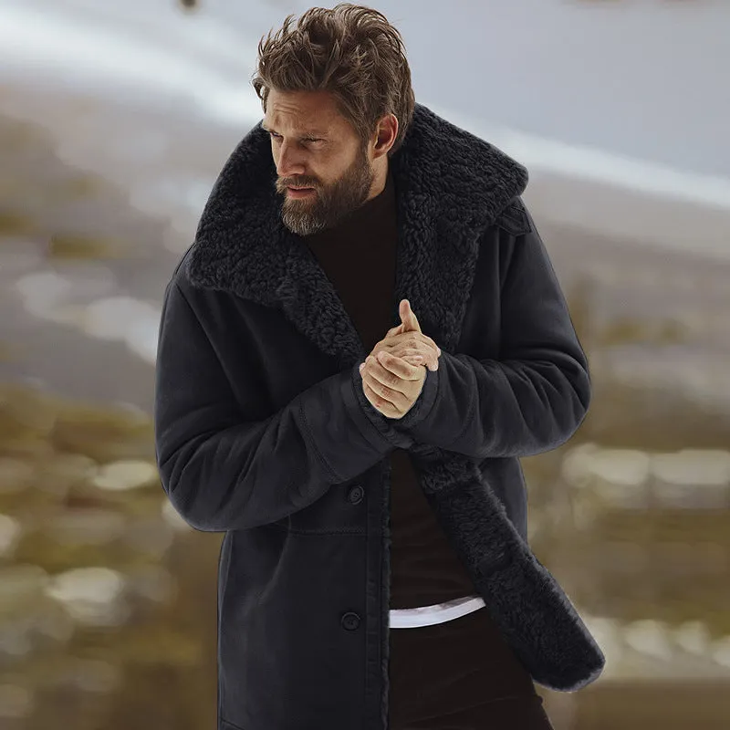 Men's Warm Fleece Button-Down Winter Coat with Faux-Fur Sherpa Collar