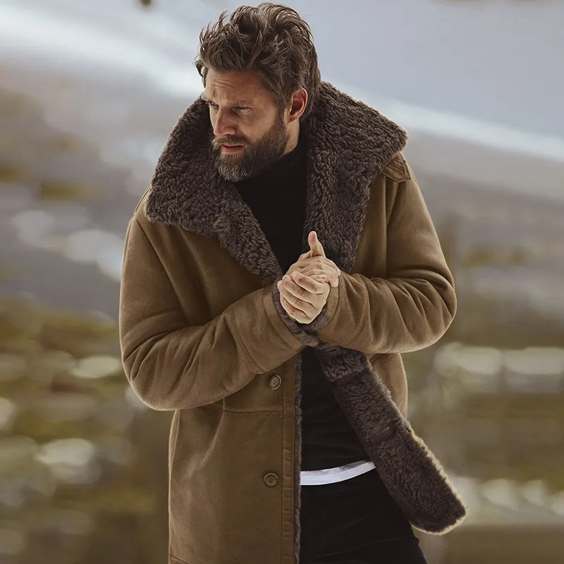 Men's Warm Fleece Button-Down Winter Coat with Faux-Fur Sherpa Collar