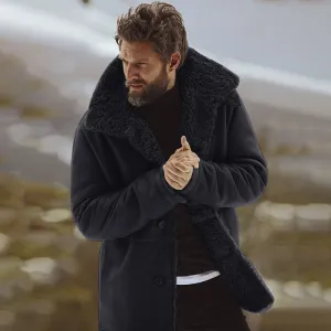 Men's Warm Fleece Button-Down Winter Coat with Faux-Fur Sherpa Collar