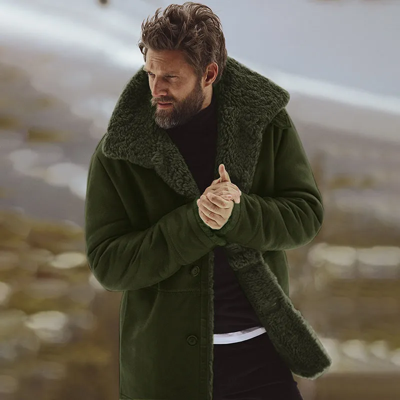 Men's Warm Fleece Button-Down Winter Coat with Faux-Fur Sherpa Collar