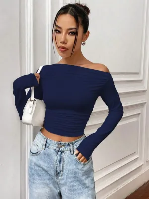Navy Solid Asymmetrical Collar Top