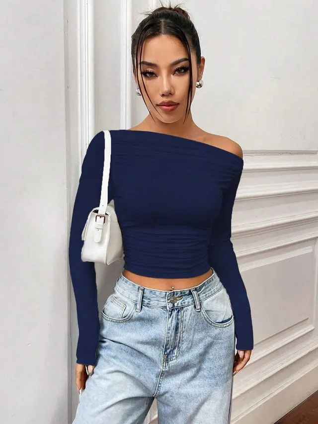 Navy Solid Asymmetrical Collar Top