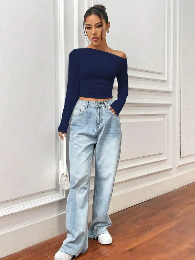 Navy Solid Asymmetrical Collar Top