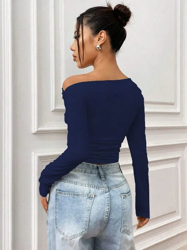 Navy Solid Asymmetrical Collar Top