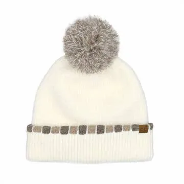 Neutral Horizontal Stripe Cuffed C.C Pom Beanie
