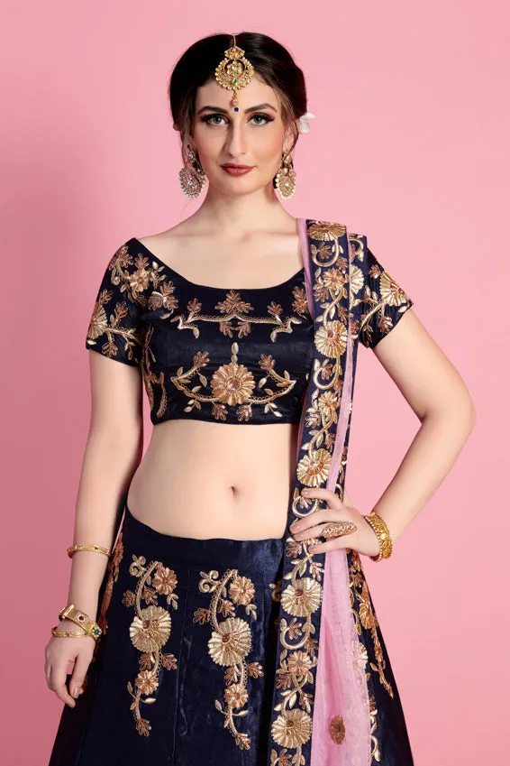 Patriot-Blue Velvet Silk Lehenga Choli With All Over Floral Golden Thread Embroidery And Pink Designer Dupatta