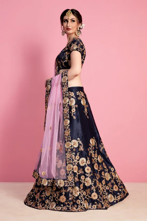Patriot-Blue Velvet Silk Lehenga Choli With All Over Floral Golden Thread Embroidery And Pink Designer Dupatta