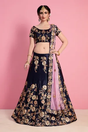 Patriot-Blue Velvet Silk Lehenga Choli With All Over Floral Golden Thread Embroidery And Pink Designer Dupatta