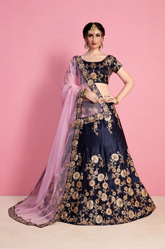 Patriot-Blue Velvet Silk Lehenga Choli With All Over Floral Golden Thread Embroidery And Pink Designer Dupatta