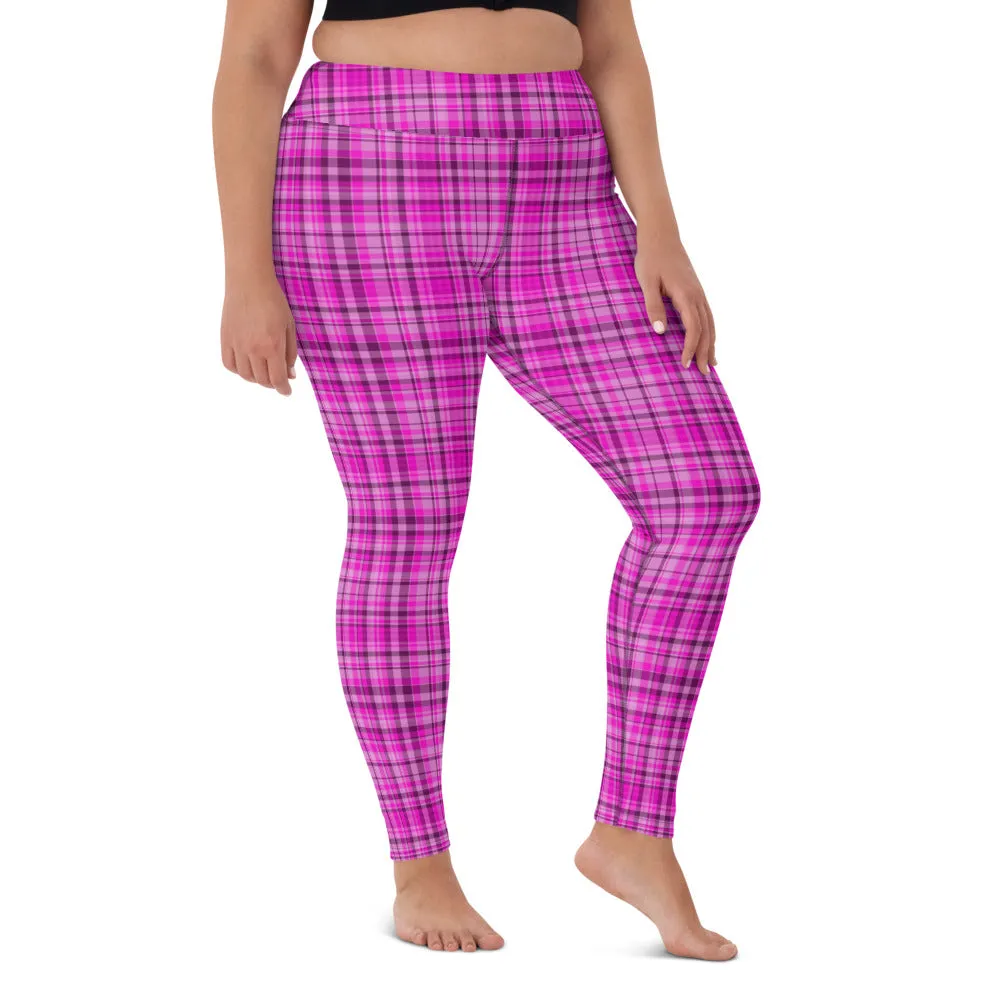 Pink Plaid Print Yoga Leggings, Tartan Scottish Style Classic Women's Long Yoga Pants - Made in USA/EU