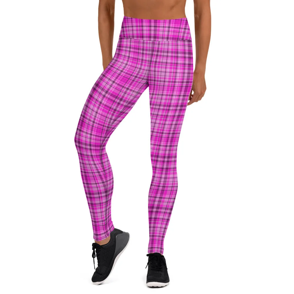 Pink Plaid Print Yoga Leggings, Tartan Scottish Style Classic Women's Long Yoga Pants - Made in USA/EU